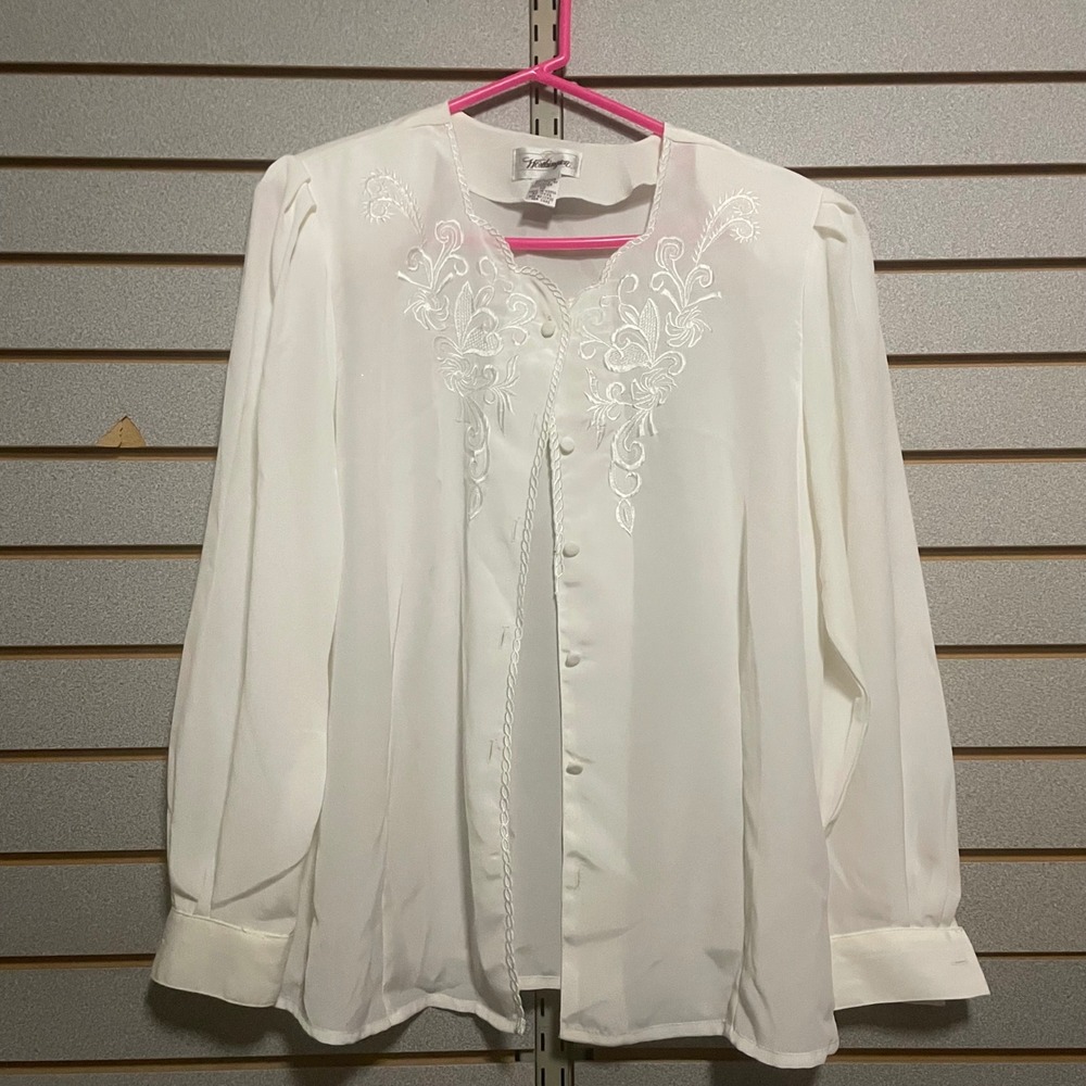 Worthington Embroidered‎ Blouse Long Sleeve Button Down Top White Size 12